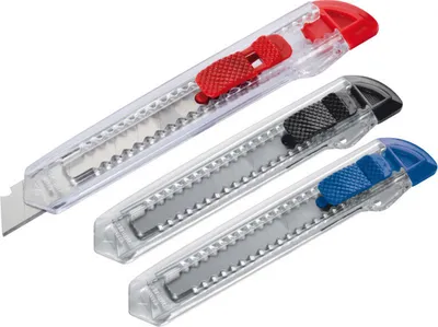 Produktbild von 3x Cutter / Kartonmesser / Farbe: je 1x transparent rot, blau und schwarz