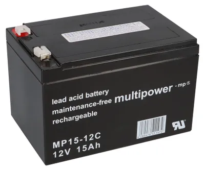 A black lead-acid battery with white text and logos.