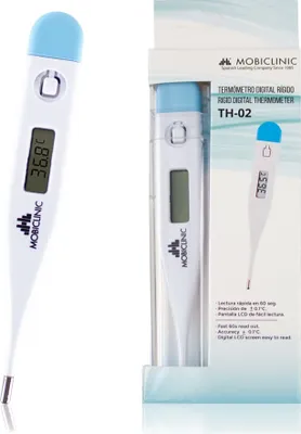 A digital thermometer is shown next to its packaging.