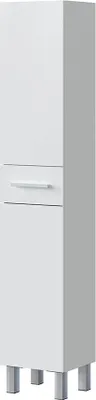 A tall, white cabinet with silver legs, shown from a slight angle.