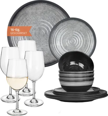 Produktbild von Melamin Camping Geschirr Set 4 Personen Stone Grey + 4 Tiamo Weiß Weingläser Tafelgeschirr Picknick BBQ Kochgeschirr