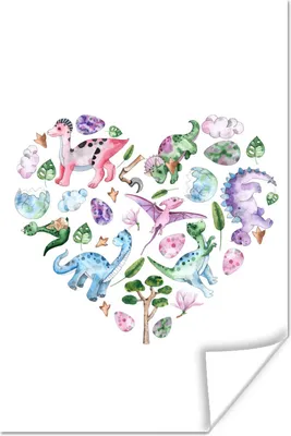 Produktbild von MuchoWow® Poster Kinderzimmer - Herz - Dinosaurier - Mädchen - Kinder - Rosa - Kinder 40x60 cm - Plakate für die Wand - Poster Babyzimmer