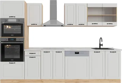 Zdjęcie produktu dla Aneks kuchenny Vicco R-Line Biały dworek/złoty dąb 300 cm z wysoką szafką, BP Marmur, Model 53824