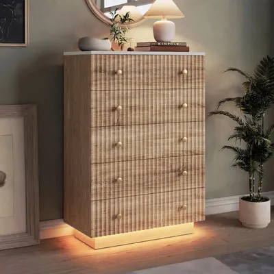 Immagine prodotto di Comodino Moonbite a 5 cassetti effetto rovere con illuminazione a LED, 73x40x111 cm