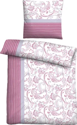 A folded duvet cover and a pillowcase with a paisley pattern and striped accents.