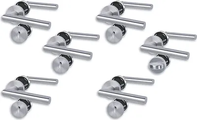 A set of six stainless steel door handles with round rosettes, arranged in a grid on a white background.