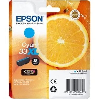 Produktbild von Epson Oranges Singlepack Cyan 33XL Claria Premium Ink, Hohe (XL-) Ausbeute, Cyan, 8,9 ml, 1 Stück(e), 650 Seiten