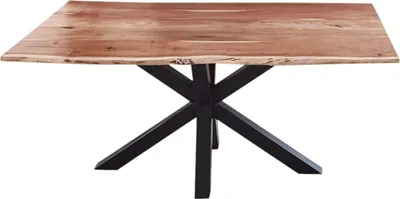 A table with a wooden top and a black metal base, shown from a diagonal angle against a white background.