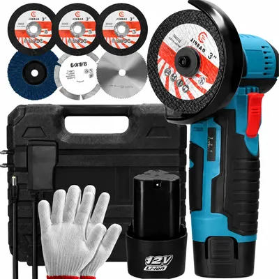 Produktbild von Mini Winkelschleifer, 12V Akku-Winkelschleifer mit 2 × 1500Mah Batterien, 4 Trennscheiben, 2 Metallschneidräder, 1 Schleifscheibe, 1 Ladegerät