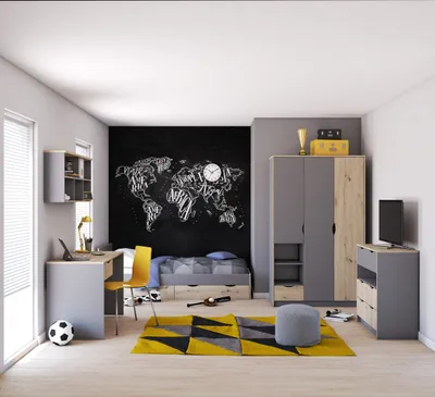 Produktbild von Kinderzimmer-Set Jugendzimmer-Set aus Bett Kleiderschrank Kommode Schreibtisch Wandregal Grau/Artisan Eiche JOY II