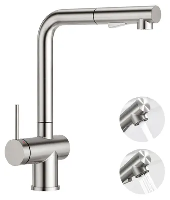Produktbild von Einhebelmischer Küchenarmatur mit ausziehbarer Brause, 360° drehbar, Hochdruck Spültischarmatur aus gebürstetem Edelstahl