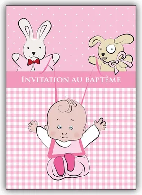 Produktbild von 4x Schöne französische Einladungskarte zur Taufe mit rosa Vichy Karo und Stofftieren