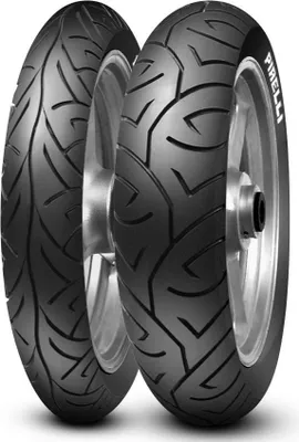Two motorcycle tires are shown side-by-side against a white background.