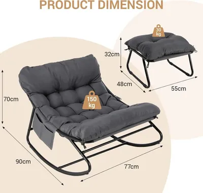 Obrázek produktu pro Houpací křeslo s podnožkou pro zahradu a balkon – relaxační lehátko – polstrované, voděodolné – kovová konstrukce, nosnost 150 kg – 90x77x70 cm – šedá barva