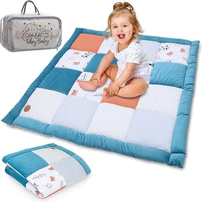 Produktbild von Krabbeldecke für Babys, Innenraum für Babybettchen, 100 x 100 cm, Samt, dicke Krabbeldecke, Patchwork, gepolsterte Spielmatte, Teppich mit Tasche, Baumwolle mit Samt, blau mit