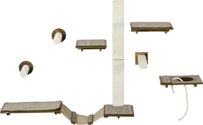 Produktbild von Katzen Kletterwand Set, 8-teilig Katzenmöbel mit Kratzbäumen, Sitzstangen, Kratzbrett, Katzentreppe, Sisal, Braun