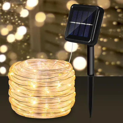 Productafbeelding van Eikuavons Solar LED-lichtketting, geschikt voor buiten, tuin, balkon, terras, met zonnepaneel en grondpen, 10 meter, warm wit licht