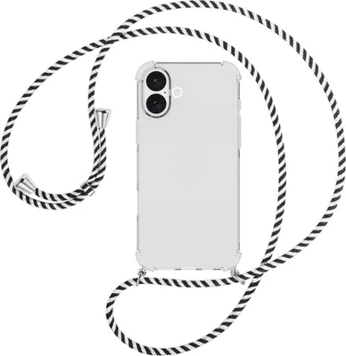 Produktbild von Handykette Backcover-Schutzhülle mit Band (Metall silberfarben) für iPhone 16 Plus - schwarz/weiß gestreift
