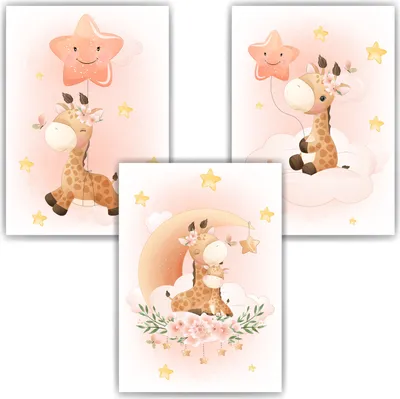Produktbild von 3er Set Poster für Kinderzimmer Bilder Babyzimmer Babyparty Kinderposter Giraffe – DIN A3 (29.7x42cm)