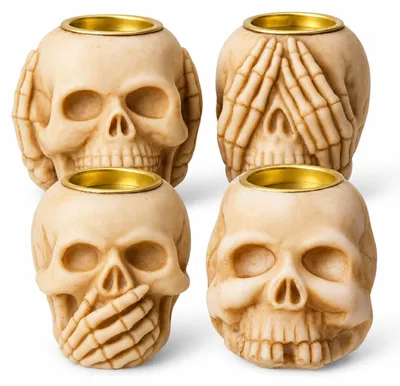 4er-Set Totenkopf-Kerzenhalter aus Harz, 40×40×45 mm