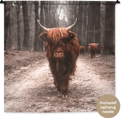 Produktbild von MuchoWow® Wandteppich Wandbehang Schottisches Hochlandrind - Wald - Kuh - Tiere - Natur 120x120 cm Tapisserie Dekoration Wandtuch - Modern - Baumwollgewebe