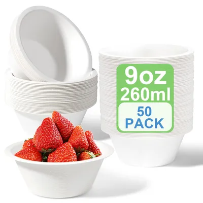 Image de Assiettes en carton biodégradables - Lot de 50 bols jetables de 260 ml, fabriqués à partir de bagasse de canne à sucre - Vaisselle jetable compostable - Forme ronde, couleur blanche