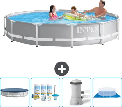 Produktbild von Intex Pool mit rundem Prismenrahmen – 366 x 76 cm – Grau – im Lieferumfang enthalten Abdeckung - Wartungspaket - Filterpumpe für Schwimmbad - Bodenplane
