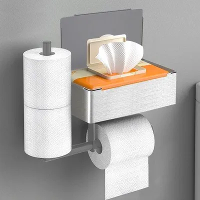 Image de Porte-papier hygiénique en acier inoxydable, autocollant, argenté