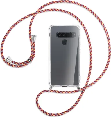 Produktbild von Handykette Backcover-Schutzhülle mit Band (Metall silberfarben) für LG G8S ThinQ - weinrot/gelb/grau