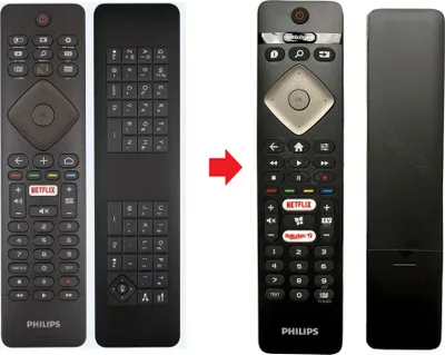 Two remote controls are shown side-by-side, with an arrow indicating a change from one to the other.