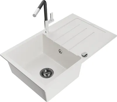 Produktbild von Mexen Bruno 1 Becken-Granitspüle mit Abtropffläche und Mischbatterie Flora, Weiß - 6513-20-670401-07-B