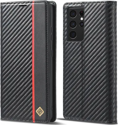 Produktbild von Hülle für Samsung Galaxy S21 Ultra 5G Kohlefaser Leder Brieftasche Schutzhülle mit Standfunktion Schwarz Vertikale Rot