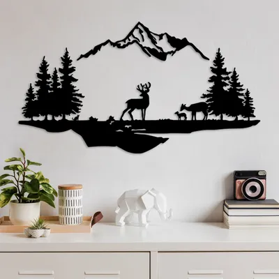 Obrázek produktu pro Wallity, Jelen a krajina - 1, nástěnná dekorace, černá, kov, 70 x 38 cm