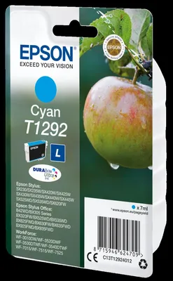 The image shows the retail packaging of an Epson Cyan T1292 ink cartridge.