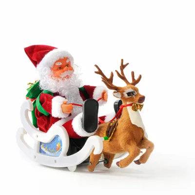 Immagine prodotto di Babbo Natale con renna, slitta, musica "Jingle Bells", decorazione natalizia, statuina natalizia, figura natalizia, slitta trainata da renne