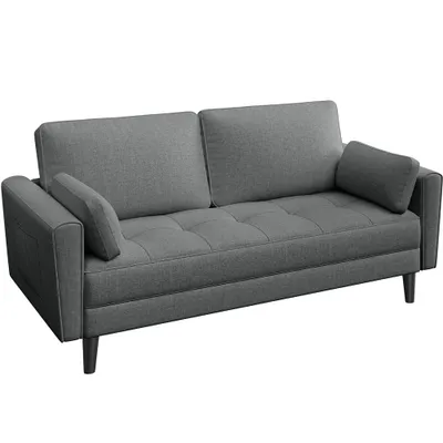 Produktbild von Yaheetech 2 Sitzer Sofa, Leinen, Modern, Klein, Dunkelgrau mit 2 Kissen, Armlehnen und Taschen, Weich & elastisch, bis 300 kg
