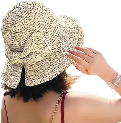Produktbild von Faltbarer Schlapphut aus Stroh für den Strand, Sonnenhut mit breiter Krempe, Sommermütze mit Schleife für Damen und Mädchen, Riemen verstellbar
