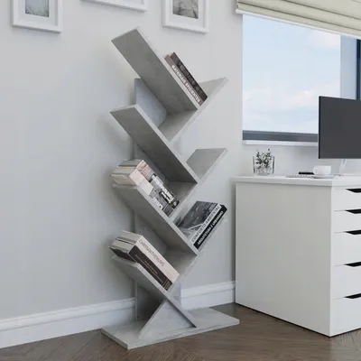 Obrázok produktu pre Voľne stojaca knižnica ComfortCove v tvare stromu so 7 priehradkami, sivá - do obývačky, kancelárie, spálne a kuchyne 112x50x23 cm