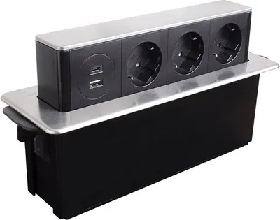 Produktbild von DesignLight HOP BOX versenkbare Möbeleinbausteckdose, 3x SCHUKO 1x USB TYP A, 1x USB TYP C / Mehrfachsteckdose