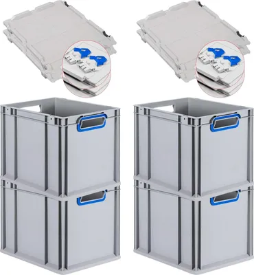 Produktbild von SuperSparSet 4x Eurobox NextGen Color mit Scharnierdeckel und Schiebeschnappverschlüssen | HxBxT 32x30x40cm | 30 Liter | Grau | Griffe blau offen | Glatter Boden | Eurobehälter, Transportbox, Transportbehälter, Stapelbehälter