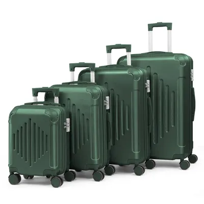 Four dark green suitcases of varying sizes are arranged in a diagonal line against a white background.