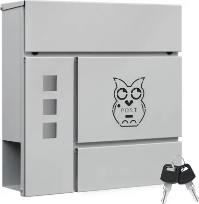 A gray mailbox with an owl graphic and two keys.