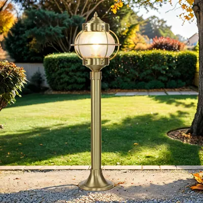Obrázek produktu pro Světlo na cestu PARTAS z nerezové mosazi skleněné stínítko satinované námořní stojací lampa zahradní osvětlení