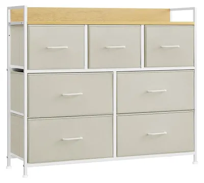 Immagine prodotto di Comodino bianco con 6 cassetti – Pannello truciolare – Frontali dei cassetti in tessuto – 28,5 x 98 x 85 cm