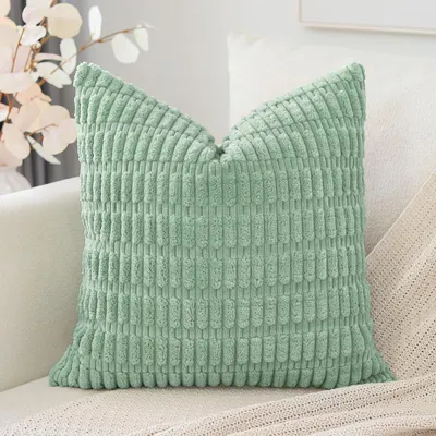 Produktbild von Set mit 1 Kissenbezug im Boho-Streifenmuster, einfarbiger Dekokissenbezug, Sofakissen, 55 x 55 cm, weiches Sofakissen für Wohnzimmer und Schlafzimmer, hellgrün
