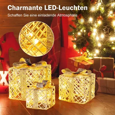 Produktbild von GOPLUS 3er Set Geschenkboxen Weihnachten, beleuchtete Weihnachtsdekoration mit 48 warmweißen LED Lichtern, Weihnachtsbeleuchtung für innen & außen