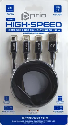 Produktbild von prio 3in1 Micro USB & USB C & Lightning zu USB A Kabel 3A 2m schwarz
