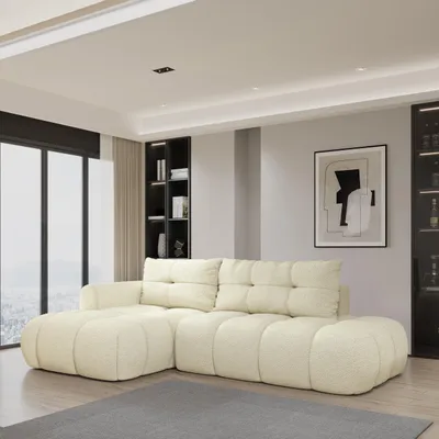 Produktbild von Masseno Ecksofa FLUMA L-S mit Schlaffunktion L-Form, Sofa mit Bettkasten, Wohnzimmersofa, Couch, Soffa, Bettsofa, Couchgarnitur- Creme, QUELLE 02