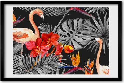 Produktbild von Bild 60x40 MDF-Rahmen, Wandkunst Flamingos und Blumen