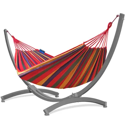 Produktbild von Potenza Outdoor Hängematte mit Verzinkter Tytan Gestell für 2 Personen I Baumwolle Doppelhängematte XXL 220x160, 200kg I Grau Hängemattengestell 350 kg, wetterfest